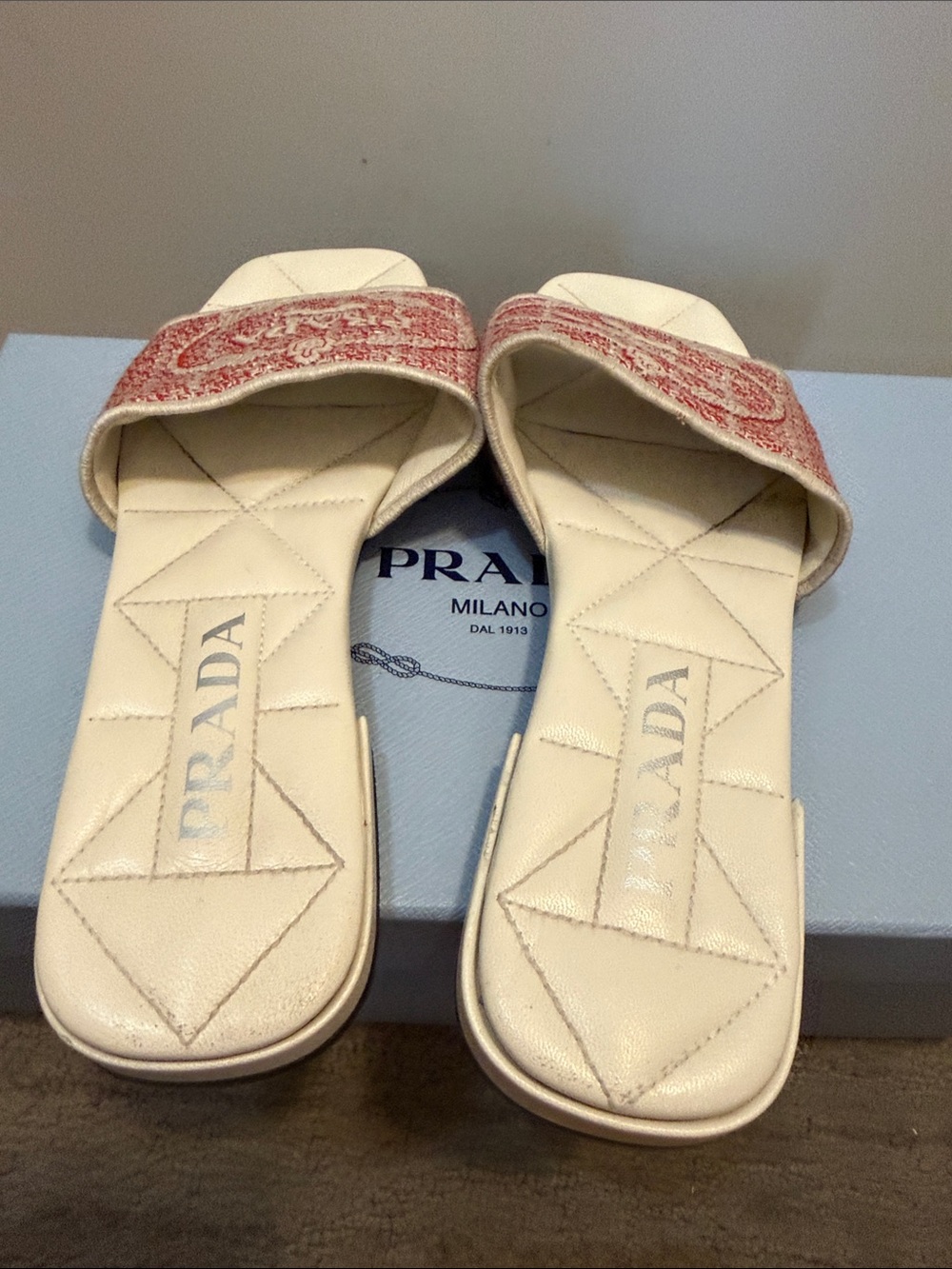 Prada White Slides with Red Woven Logo Strap - Picture 3 of 4